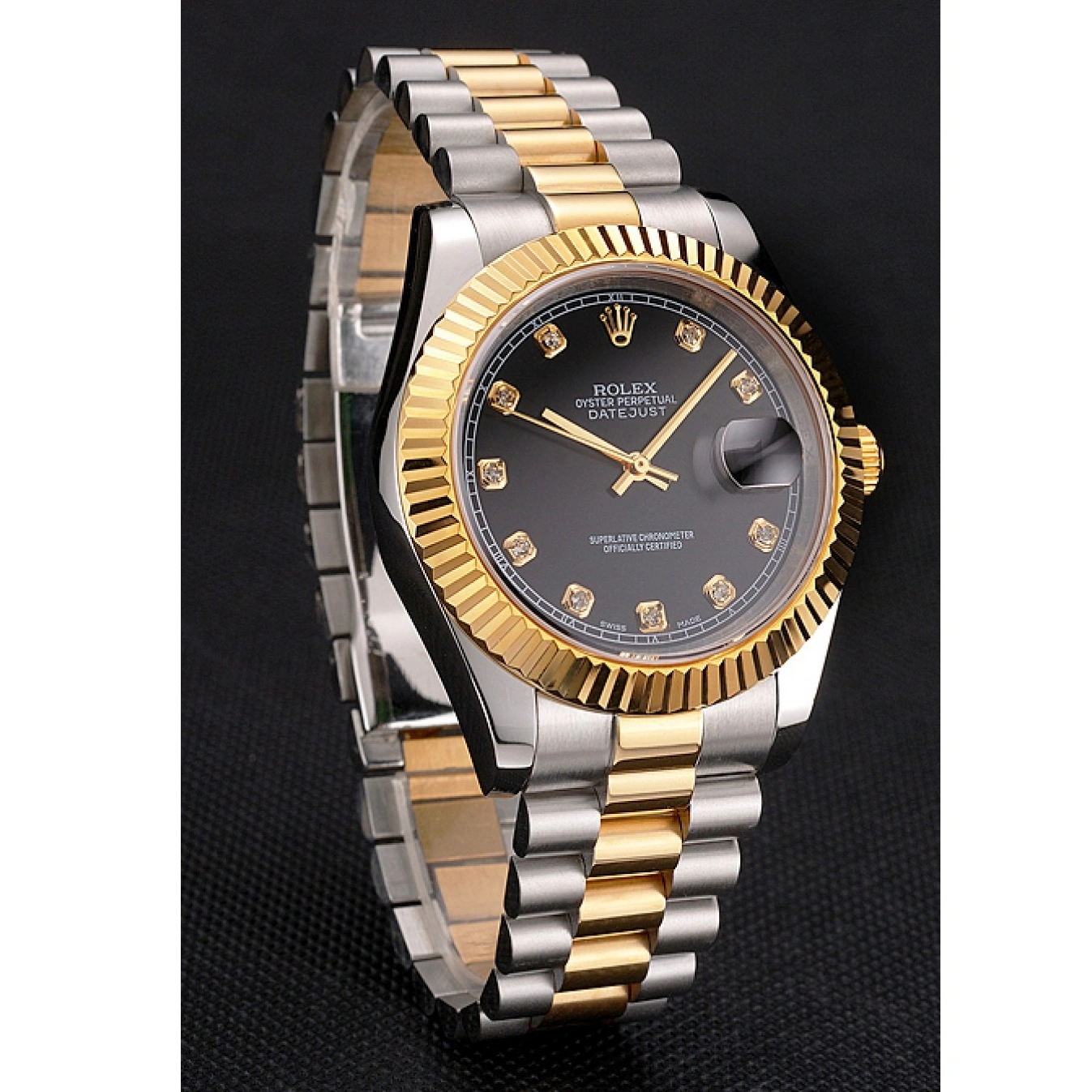 AAA Replica Watches Case Tone Swiss Gold Dial Bezel Two Bracelet Datejust Black Rolex Steel Stainless 1029